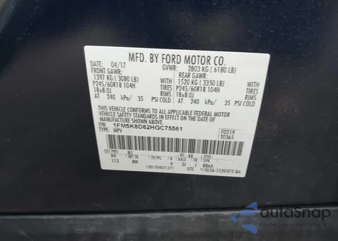2017 Ford Explorer Xlt from USA, damaged, VIN 1FM5K8D82HGC75561